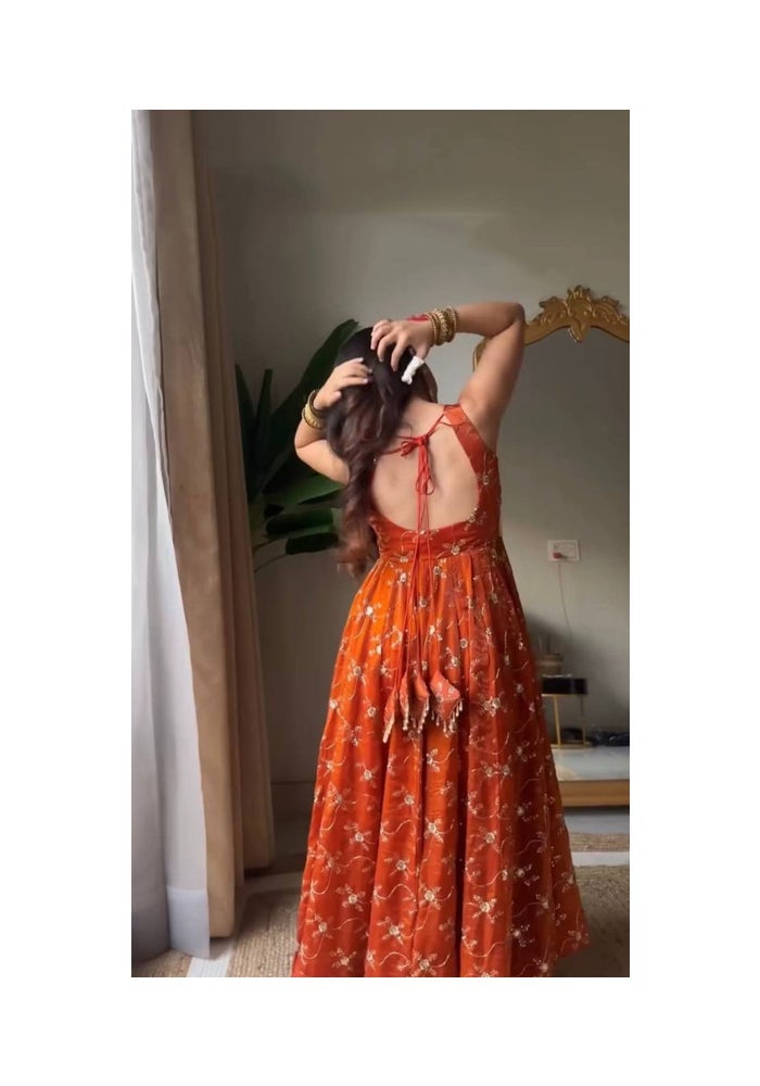 Malishka Export Kesriya Orange Anarkali Kurta Pant Set for Women - Image 2